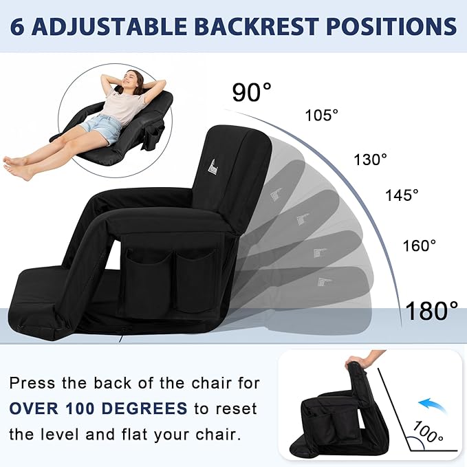 Romswi 2 Pack Etra Wide Backpack Reclining Stadium Seat with Armrests, 6 Adjustable Angle & Hidden Hooks, Bleacher Chair with Padded Backpack Straps & Multiple Pockets for Outdoor (25in)