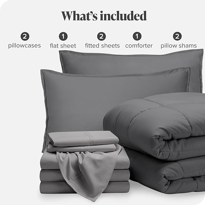 Bare Home Bed-in-A-Bag 8 Piece Comforter & Sheet Set - Split King - Goose Down Alternative - Ultra-Soft 1800 Premium Bedding Set (Split King, Grey/Light Grey)
