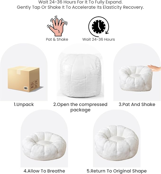 Bean Bag Chairs for Adults, Teens Beanbag Reading Chair with Petal Arm Rest, Comfy Faux Fur Fluffy Bean Bag for Youth Living Room, Bedroom, Dorm, Game - White, Large, Low Support