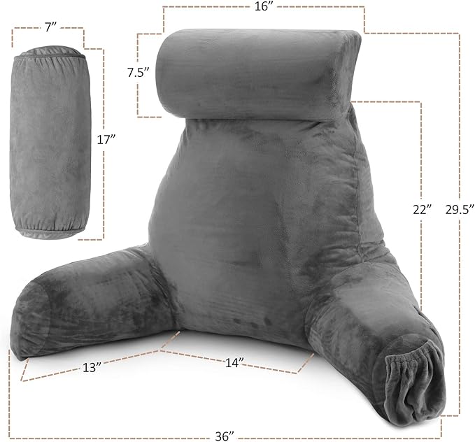 Nestl Reading Pillow with Shredded Memory Foam Includes 2 Neck and Lumber Support Pillows, Designed for Sitting Up in Bed and Couch, Back and Arms Adjustable Support for Adult & Teens, Dark Grey