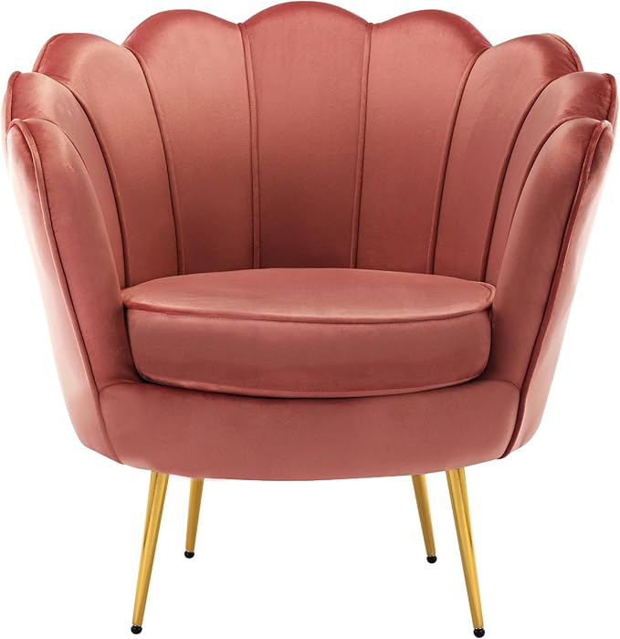 DAGONHIL Mid Century Modern Upholstered Accent Chair,Petal Vanity Chair,Retro Leisure Velvet Single Sofa with Golden Metal Legs for Living Room/Bedroom/Makeup Room, Rose Pink