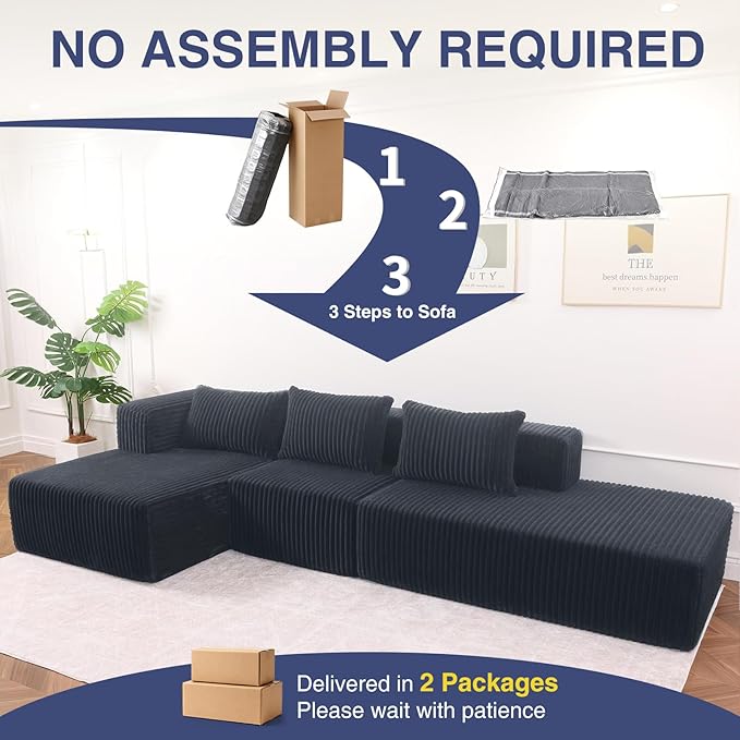 Favoduerme 117” Modular Sectional Cloud Couch with L-Shape Chaise Lounge, Boneless Convertible Sofa for Living Room or Apartment, Plush Corduroy 4-Seater Couch, No Assembly Required, Dark Grey | Pet Friendly, Breathable Fabric