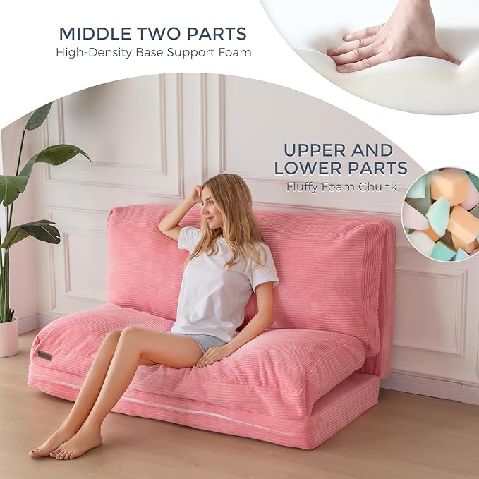 MAXYOYO Folding Sofa Bed, Extra Thick and Long Floor Sofa Convertible Sleeper Chair with Washable Cover, Floor Couch Lounge Bean Bag Bed for Living Room, Pink, 54x95 Inch
