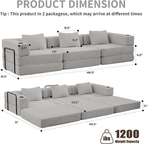 118" Oversized Convertible Sofa Bed, Modular Sectional Sofa with Cup Holder, Boneless Cloud Couch with Pillow Back & Armrest, Fold Out Floor Sofa for Living Room Bedroom Lounge, Corduroy, Light Grey