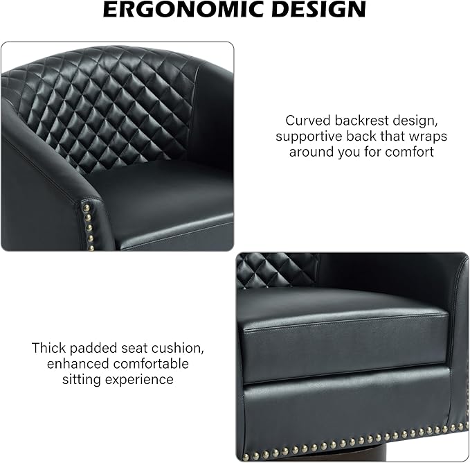 DREAMSIDEA Swivel Barrel Accent Chair, Comfy Modern Upholstered Round Faux Leather Arm Chair for Living Room, Bedroom（Black, Set of 4