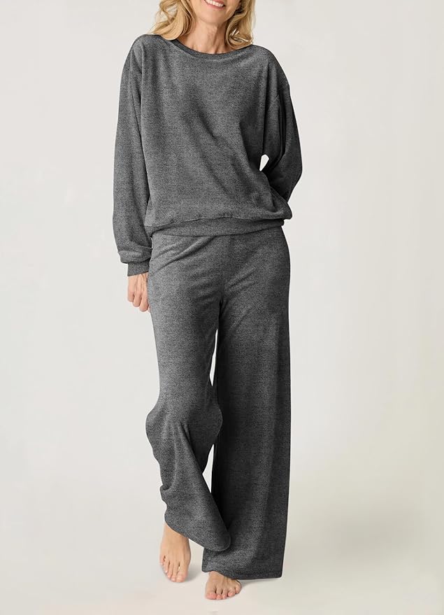 Aamikast Women's 2-Piece Lounge Set Soft Brushed Jersey Sleepwear Pajamas Set Long Sleeve Top & Wide Leg Pants