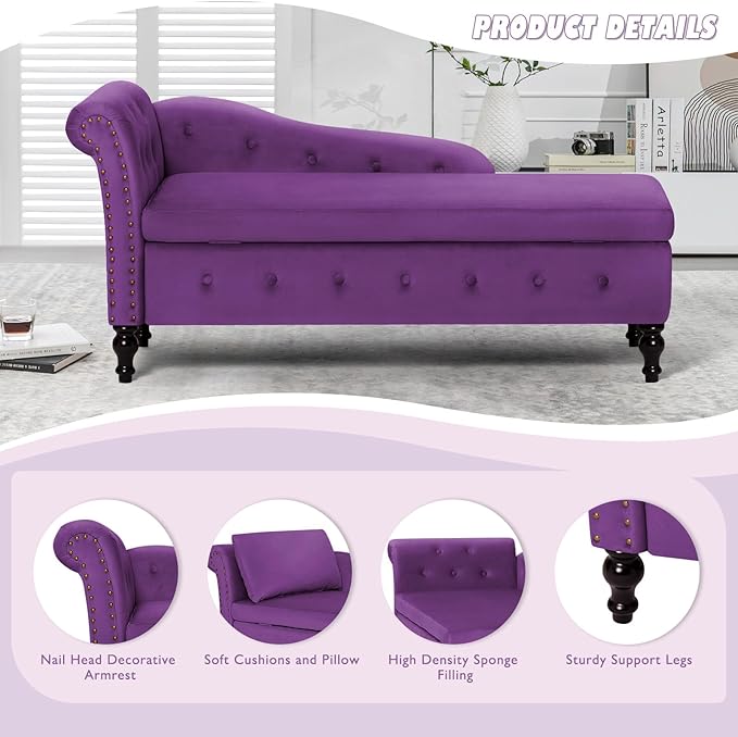 ACMEASE Velvet Chaise Lounge with Left Armrest & Storage Space,Button Tufted Lounge Chair w/Lumbar Pillow,Modern Upholstered Lounge Chair for Bedroom, Living Room and Office,Purpel