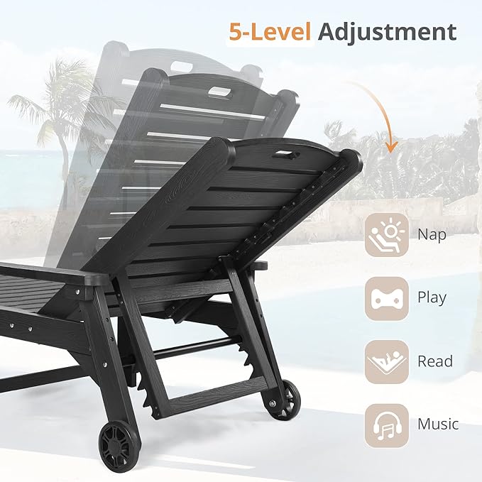 LUE BONA Outdoor Chaise Lounge, HDPS Chaise Lounger, 5 Positions Adjustable Lounge Chairs, Pool Lounge Chair with Wheels for Poolside, Backyard, Black