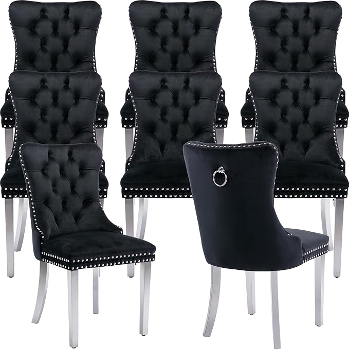 YeahFurn Mid Century Modern Dining Chairs Set of 8, Black Velvet Upholstered Tufted Back, Kitchen & Dining Room Chairs, Brushed Silver Metal Legs, Nailhead Trim, Sillas para Comedor (Black, 8 Pcs)