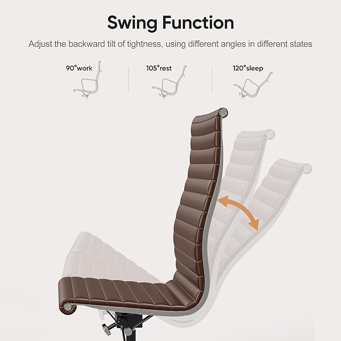 OTDMEL Armless Ribbed Office Desk Chair with Top Grain Leather, High Back Ergonomic Swivel Room Chair, Adjustable Height 5-Star Base, Brown