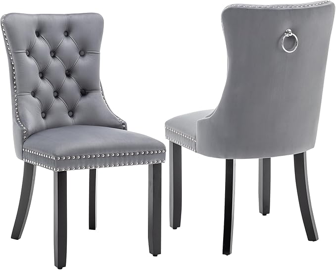 Kiztir Velvet Dining Chairs Set of 2, Upholstered Dining Chairs with Ring Pull Trim and Button Back, Luxury Tufted Dining Chair for Living Room, Bedroom, Kitchen (Gray)