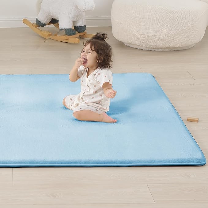 PAPAMAT 1.3" Thick Baby Floor Play Mat 50x50, Basic Padded Foam Mat for Tummy Time Crawling, Non Slip Cushioned for Babies Toddlers Infants Kids (Ice Blue)