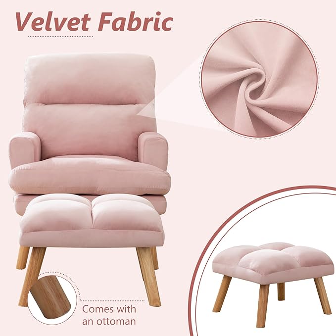 IOMOR Accent Chair with Ottoman Comfy Reading Chair Armchair with Adjustable Backrest and Side Pockets Soft Fabric Leisure Sofa for Bedroom, Living Room, Dorm Rooms, Garden, Pink