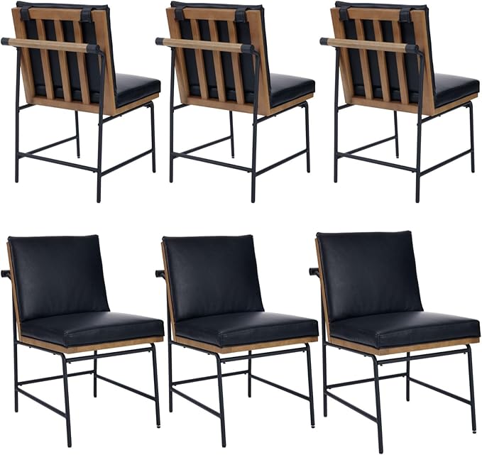 DUOMAY Mid-Century Modern Dining Chairs Set of 6, PU Leather Upholstered Side Chair with Rear Handle, Armless Chair with Metal Legs for Kitchen Dining Room Living Room Vanity, Black