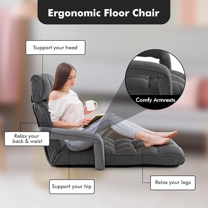 KOMFOTT Foldable Floor Lazy Sofa, Indoor Chaise Lounge Sofa with 6 Adjustable Positions, Folding Chair Bed with Adjustable Armrests, Backrest & Footrest, Ideal for Living Room, Bedroom (Dark Grey)