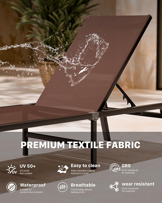 WOAJNQO Aluminum Patio Chaise Lounge Chair Set of 2 with Side Table,5-Position Adjustable Backrest,Foldable Lounge Chair Outdoor,Pool Lounge Chairs for Poolside,Lawn,Deck,Beach (Brown, 2 Pack+Table)