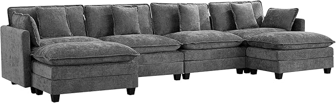 UMBFUN 4-Seater Cloud Couch with 2 Ottomans, Extra-Large Modular Sectional U Shaped Sofa with Deep Seat Cushions, Chenille Couch for Living Room, Grey