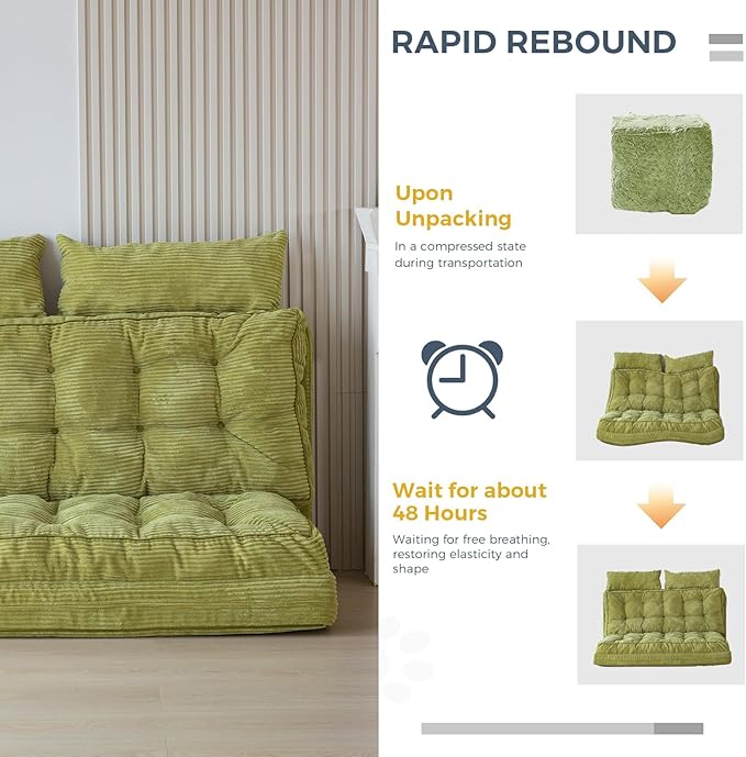 MAXYOYO Bean Bag Bed Tufted Folding Sofa Couch with Pillows Floor Mattress for Adults, Extra Thick and Long Floor Sofa, Full Floor Couch Bed for Bedroom Living Room, Green, 54x91 Inch