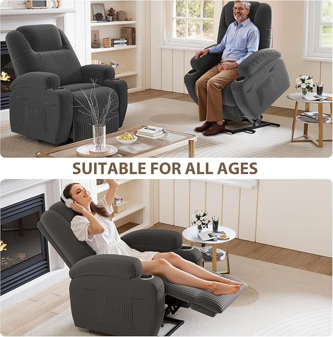 Flamaker Power Lift Chair Massage Recliner Chairs for Elderly, Corduroy Ergonomic Design with Cup Holders & Side Pockets, Remote Control (Dark Gray)