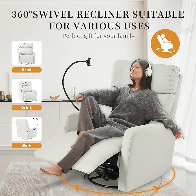 QKFF Swivel Rocker Recliner Chair for Nursery, Upholstered 360° Leather-air Glider Rocking Chair with Phone Holder, Manual Small Recliners for Small Spaces Living Room