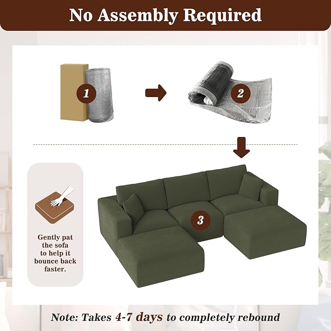 110" Modular Sectional Sofa, Cloud Couch U Shaped Memory Foam Boneless Couch with Ottoman, 3 Seater Cozy Upholstered Corduroy Floor Couch, No Assembly Required Living Room Furniture Home Decor, Green