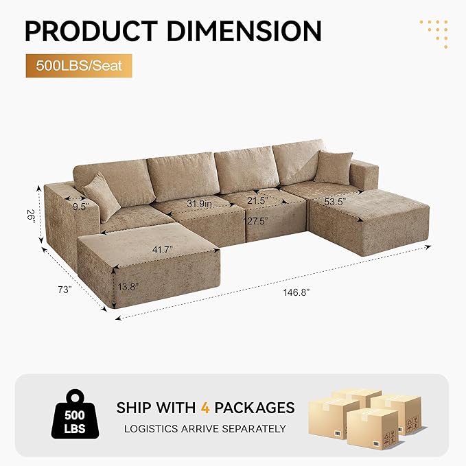 146'' Oversized Boneless Sofa, 4 Seater Modular Sectional Couch with 2 Movealbe Ottoman, U Shaped Chenille Convertible Sleeper Sofa with Chaise for Living Room, Camel