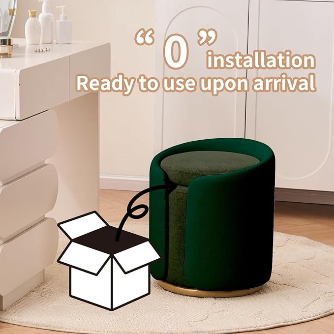 Vanity Chair with Storage, Round Velvet Vanity Stool No Wheels, Swivel Ottoman Chair with Upholstered for Women, Makeup Chair Accent Stool for Living Room, Bedroom, Gold Base, Green