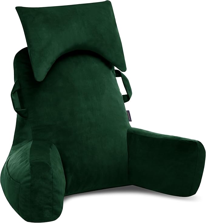 Unisakey Portable Reading Pillows with Headrest for Bed Sitting Up(Dark Green Oeko-Tex), Velvet Back Pillow with Arms & Pockets for Adults, Support Memory Foam Bed Pillow for Dorm/Watching/Gaming