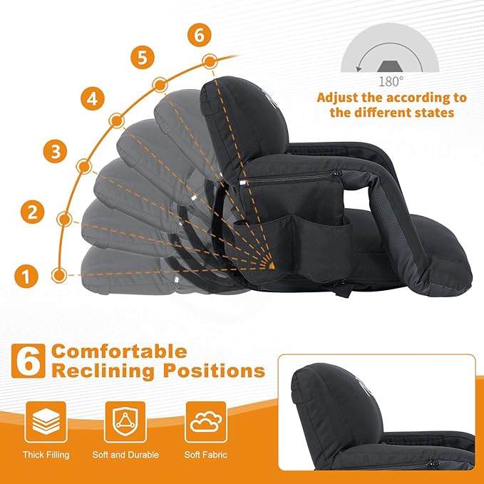 LILYPELLE Wide Stadium Seats with Back Support, Thick Bleacher Chairs with Comfy Cushion, 6 Reclining Positions Stadium Chair Bleacher Chairs with Armrests, Ultimate Comfort for Sports Events