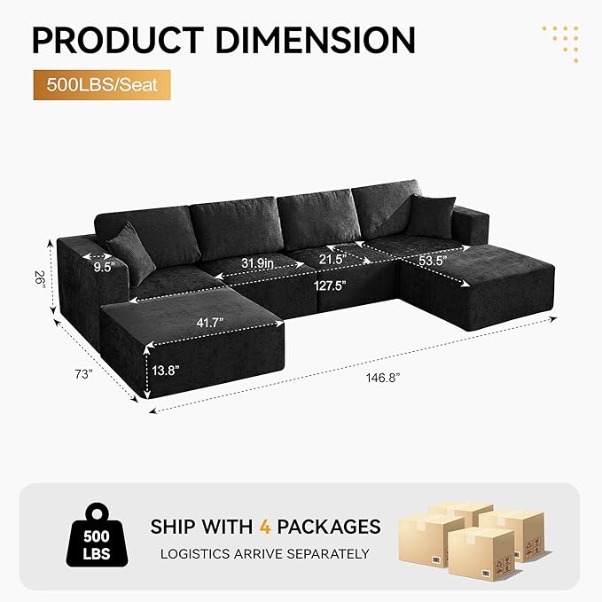 146'' Oversized Boneless Sofa, 4 Seater Modular Sectional Couch with 2 Moveable Ottoman, U Shaped Chenille Convertible Sleeper Sofa with Chaise for Living Room, Black