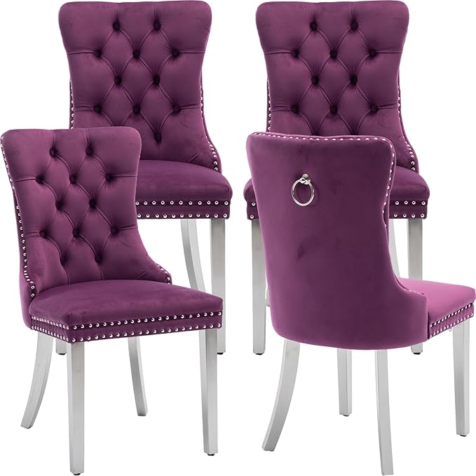 YeahFurn Mid Century Modern Dining Chairs Set of 4, Purple Velvet Upholstered Tufted Back, Kitchen & Dining Room Chairs, Brushed Silver Metal Legs, Nailhead Trim, Sillas para Comedor (Purple, 4 Pcs)