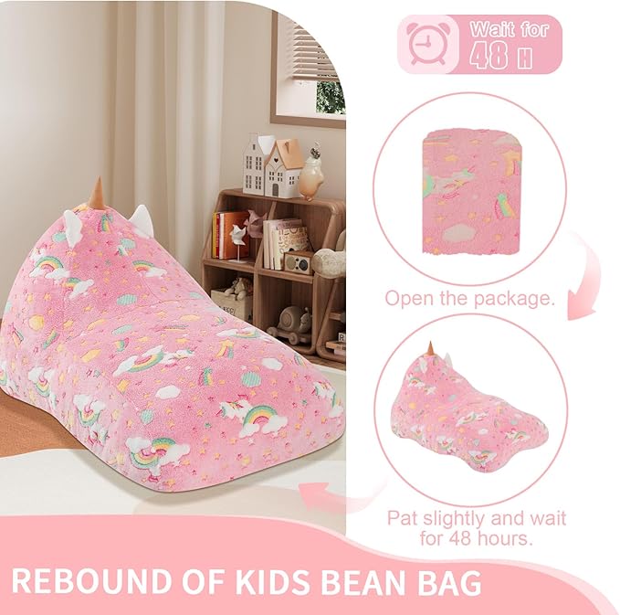 COMAX Bean Bag Chairs for Kids, Kid Beanbag Chair with Filler, Toddler Lounge Bean Chair, Children Lazy Floor Lounger for Girls Boys, Colorful Unicorn