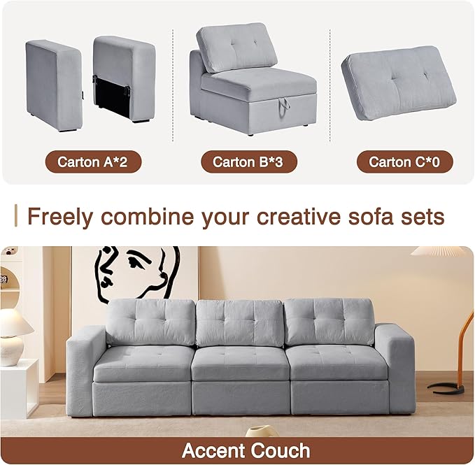 ORRD Modular Sectional Couch, Convertible Sofa with Storage, 3 Seater Sofa Couch Modular with Reversible Chaise for Living Room, Office (Grey)