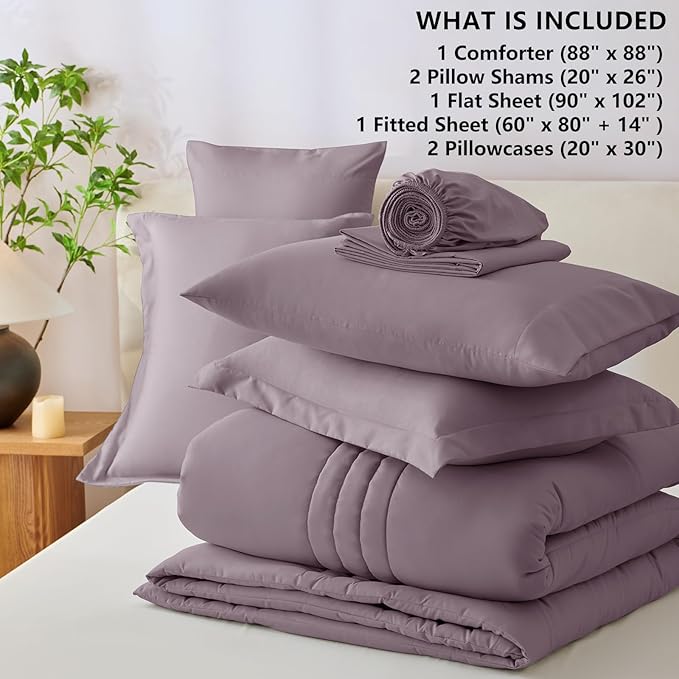 CozyLux Queen Comforter Set - 7 Pieces Bed in a Bag Dusty Purple Comforter Set with Sheets Luxury Bed Set All Seasons, Soft Bedding Set with Down Alternative Comforter, Sheets, Pillowcases & Shams