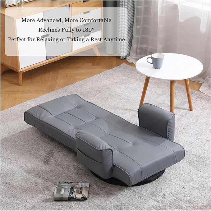 FLOGUOR 360° Swivel Gaming Floor Chair with Armrests – 14-Position Adjustable Folding Floor Sofa Lounger, Padded Backrest, Multi-Angle Recline for Home, Living Room & Office (Grey)