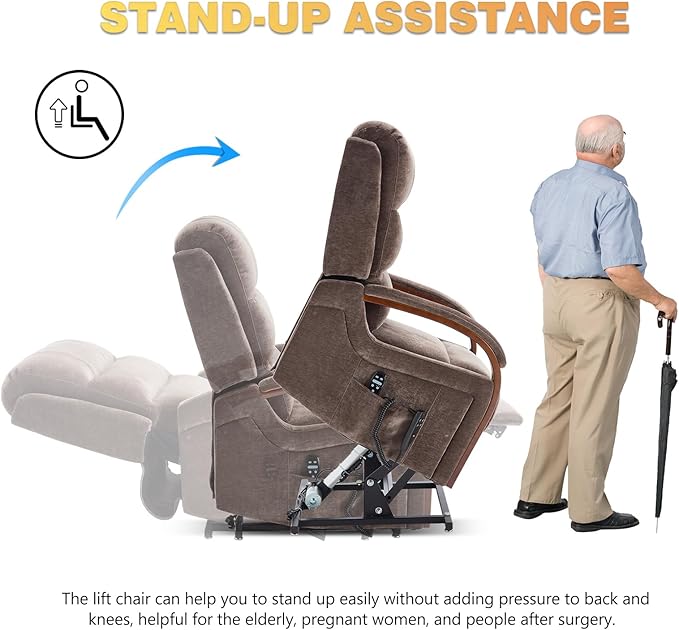 Dual Motor Power Lift Recliner Chair, Lift Chair with Massage and Heat for Elderly, Lay Flat Recliner, Standing Assistance, Infinite Position Reclining, Living Room Chair, Chenille, Brown