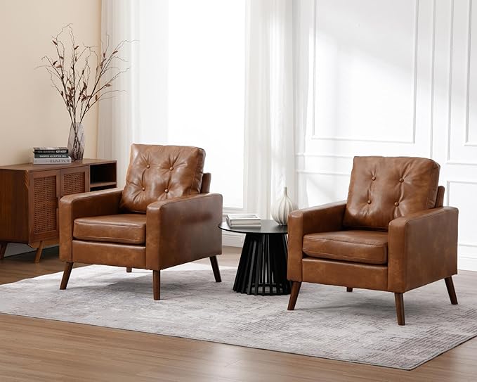 VESCASA Tufted Accent Arm Chairs with Wood Legs, Faux PU Leather Comfy Upholstered Single Sofa, Mid Century Modern Side Club Leisure Chairs for Reading/Living Room/Bedroom, Set of 2, Caramel