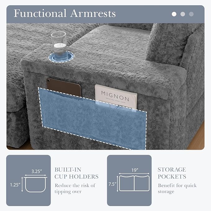 Merax Oversized Sleeper Chair with Storage Armrest & Ottoman, Cup Holders, Cloud Upholstered Chaise Lounge Recliner, Deep Seat Reading Couch Sofa Bed for Living Room Bedroom, Dark Grey