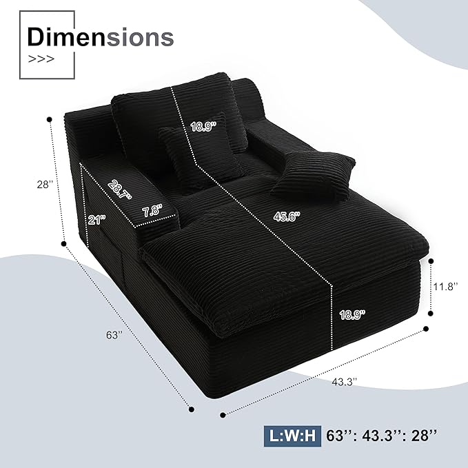 63" Oversized Boneless Chaise Lounge Chair, Extra Cloud Layer, Convertible Sleeper Sofa Couch with Removable Pillows & Side Pockets, Corduroy Upholstered Sofa Bed with Armrests for Living Room, Black