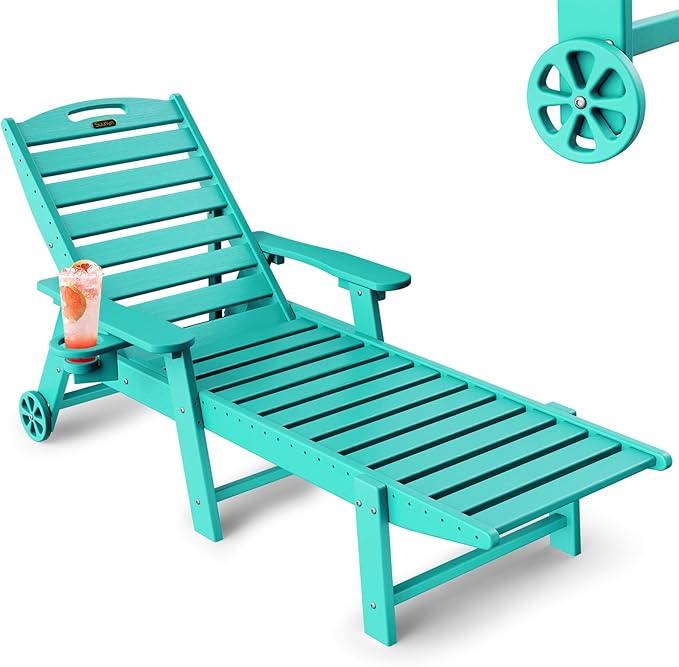 Lounge Chair Outdoor, Chaise Lounge Outdoor, HDPE 6-Position Lounge Chair for Outside, Patio Lounge Chair with Wheels & Cup Holder for Pool Poolside Deck Backyard, Lake Blue