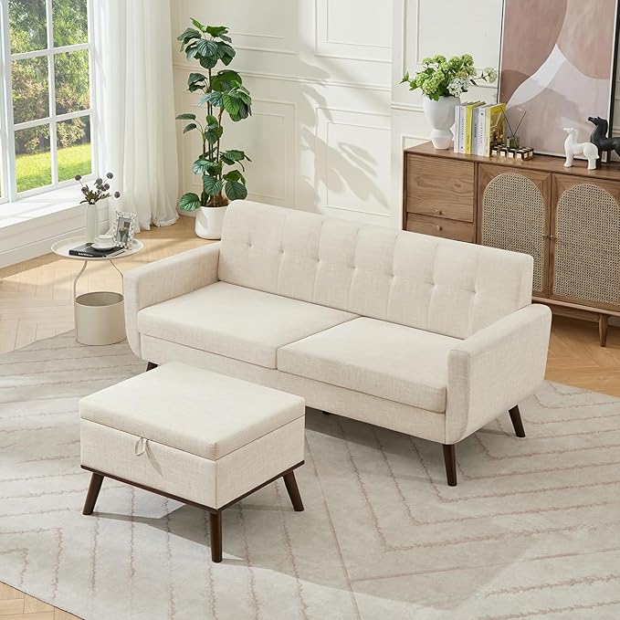 Tbfit Mid Century Modern Sofa, Loveseat Couch, Beige, Standard Sofa & Ottoman | linen fabric, button tufted, solid wood foot, pocket spring, wood slats frame