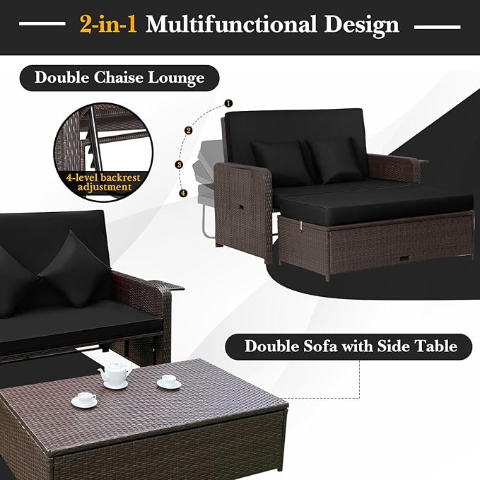 RELAX4LIFE Wicker Patio Outdoor Daybed - Rattan Day Bed Lounger with Loveseat & Storage Ottoman, Sunbed Sofa Set w/Cushions, 4-Level Adjustable Backrest & 2 Retractable Trays, Patio Daybed (Black)