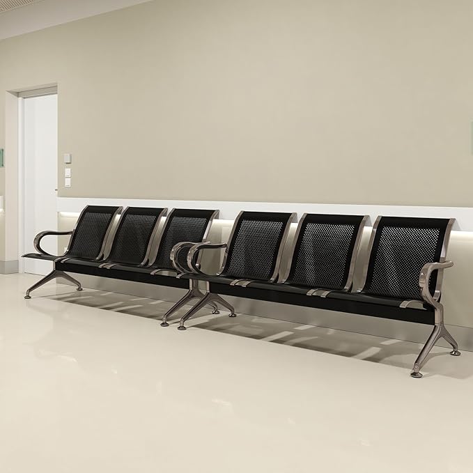 Kinfant 3-Seat Waiting Room Chair Set- 2 Pieces Office Guest Reception Seats Waiting Room Bench with Armrest for Airport, Hospital, Bank, Salon, Barbershop, Hall(Black Mesh)