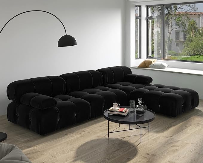 JACH 104'' Modern Sectional Sofa, L-Shaped Minimalist Velvet Floor Sofas Couches, Couch Sectional with Reversible Chaise Ottoman for Living Room Office Apartment (3 Seats,1 Ottoman, Black)