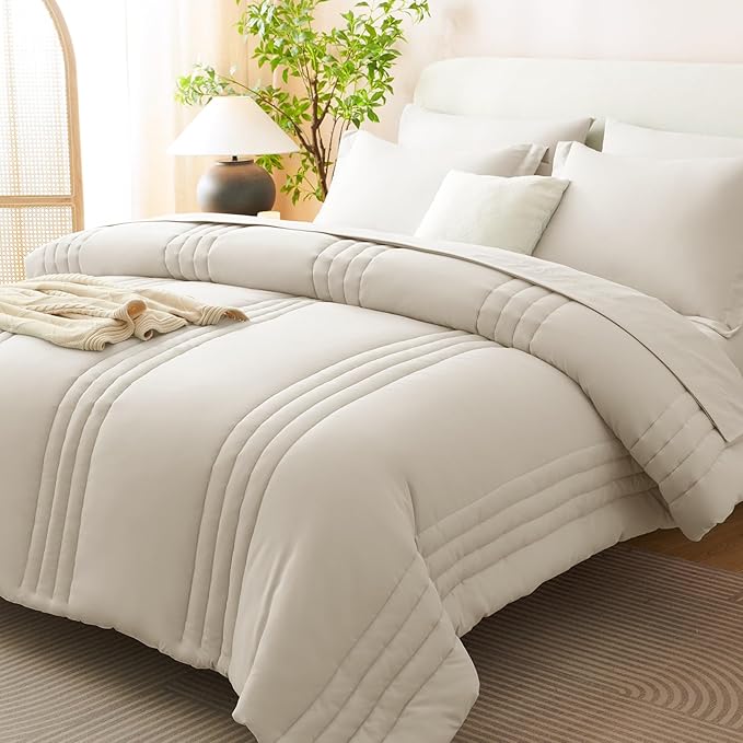 CozyLux Oversized King Comforter Set - 7 Pieces Bed in a Bag Beige Comforter Set with Sheets Luxury Bed Set All Seasons, Soft Bedding Set with Down Alternative Comforter, Sheets, Pillowcases & Shams