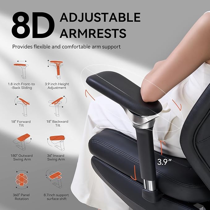 EMIAH Ergonomic Office Chair with Foot Rest Electric Reclining Office Chair with Adjustable Headrest, 8D Coordinated Armrests High Back Computer Chair with Lumbar Support,Sustainable Leather(Black)