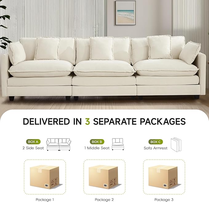 UMBFUN 3-Seater Cloud Couch, Oversized Modular Sectional Sofa with Deep Seat Soft Cushions, Comfy Chenille Couch for Living Room, Apartment & Family Space, Beige