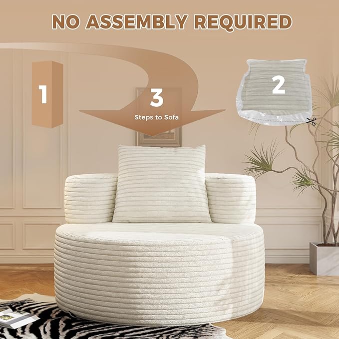 37.4" Oversized Boneless Chair Round, Chaise Lounge Boneless Accent Chair Indoor, Upholstered Corduroy Deep Seat Sofa Chair, No Assembly Required, for Living Room Bedroom Apartment