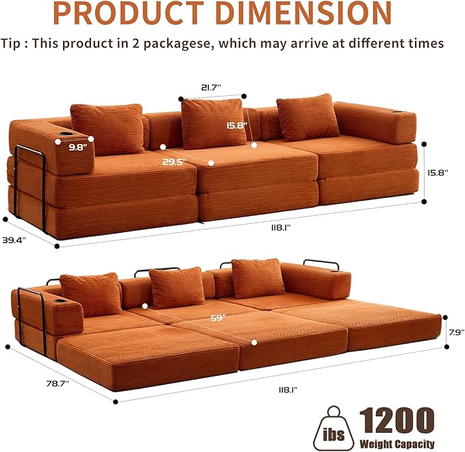 118" Oversized Convertible Floor Sofa Bed, Boneless Foldable Mattress Cloud Couch with Pillow Back & Armrest, Fold Out Floor Couch with Cup Holder for Living Room Bedroom Lounge, Corduroy, Orange