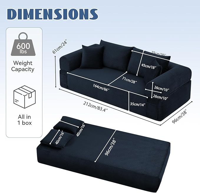 83" Sofa in a Box, 3 Seater Couch No Assembly Boneless Sofa Bed with Cushion Back 2 Matching Pillows Deep Seat Corduroy Fabric Side Storage Pockets for Living Room, Bedroom, Apartment, Office, Blue